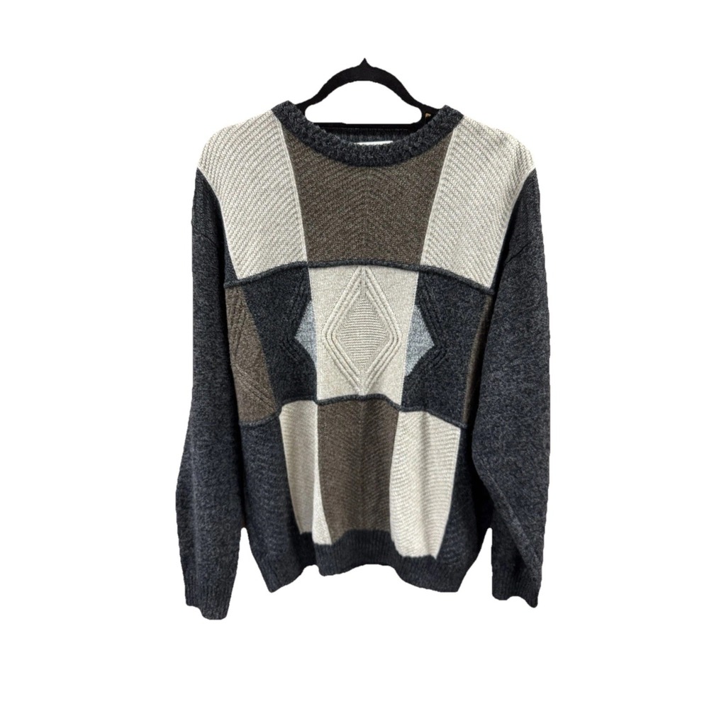 Vintage 90s 3DKnit Textured Sweater ITALY Crewneck Patchwork Style Wool Crosby L